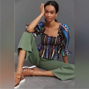 Anthropologie Multicolor Peasant Blouse with Puff Sleeves